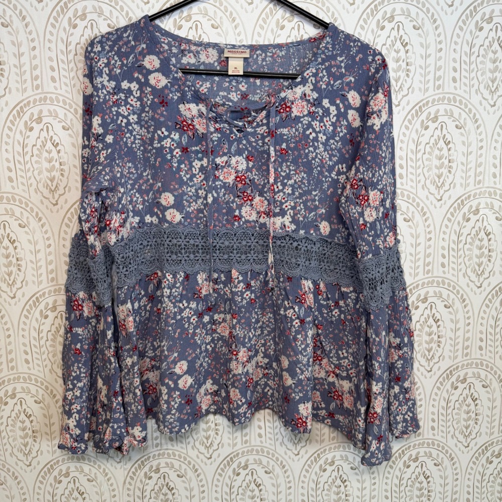 Mossimo Supply Co Womens XL Blue Floral Lace-Up Bell Sleeve Boho Blouse Rayon